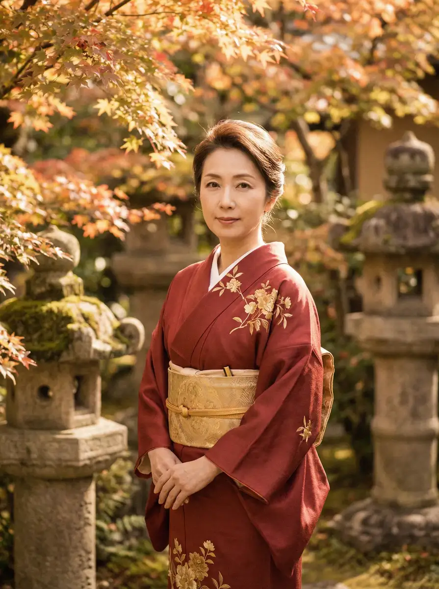 一位身穿暗红色和服的优雅 精神小妹 - 精选美图，高清内容持续更新 在日式庭院中